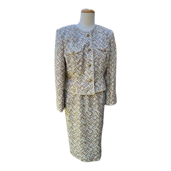 Adrianna Papell Silk Jacket & Skirt Set Geometric Print Size 8 Beige/Brown - Picture 1 of 13